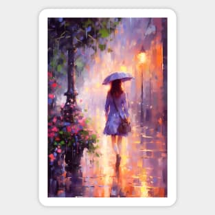 A woman with an umbrella walks along the evening street in the rain. Magnet